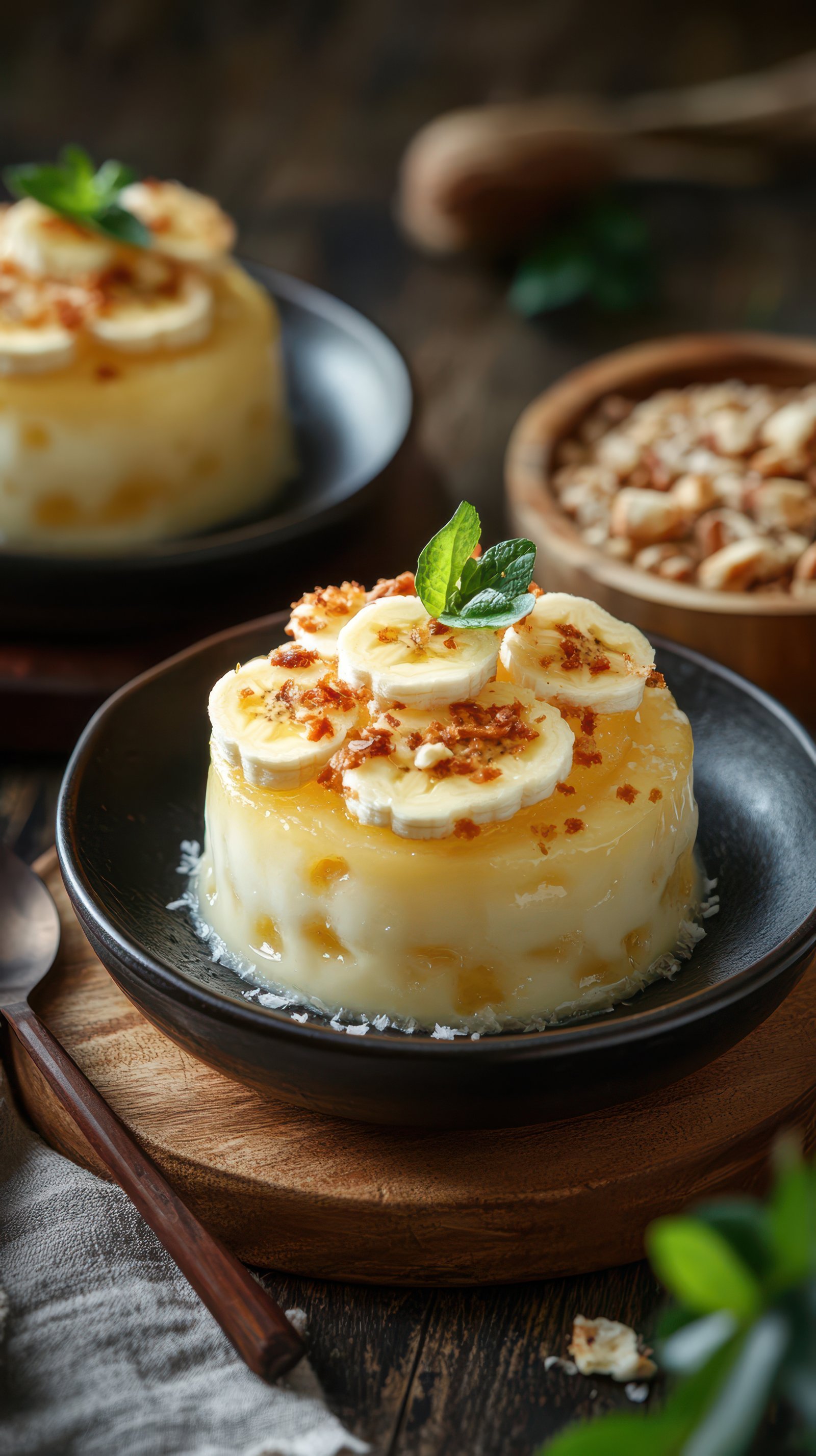 Delicious coconut banana pudding served on a black plate with crunchy topping and fresh mint leaves